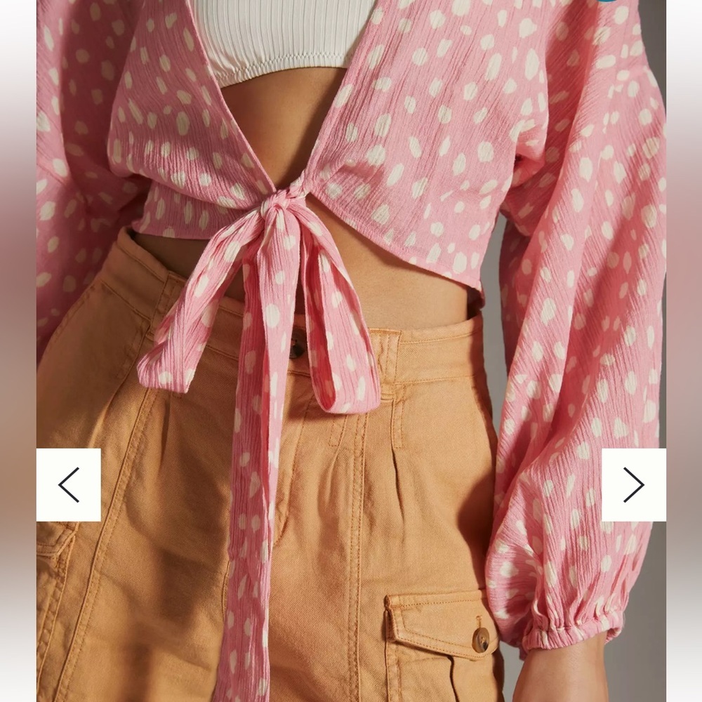 Anthropologie Pink Polka Dot Tie-Front Blouse - Picture 5 of 15